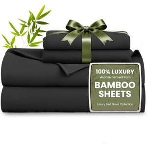 Love's cabin 4 Piece Queen Sheet Set, 100% Rayon Derived from Bamboo, Cooling & Breathable, Soft Silky Deep Pocket up to 16", Hotel Luxury Bedding for Hot Sleepers, Black