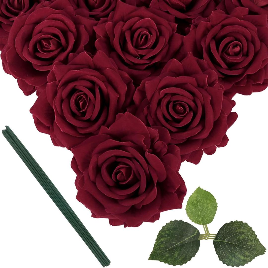 IPOPU Burgundy Velvet Rose 5" Large Roses Artificial Flowers 10pcs Silk Rose Fake Flowers for Wedding Bouquet Baby Shower Centerpieces Arrangements Home Party Tables Decor(Burgundy)