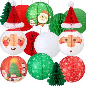 17 Pcs 3D Christmas Hanging Paper Lanterns Decorations Set for Santa Claus Paper Lantern Santa Hat Christmas Trees Honeycomb Balls Hanging Party Lanterns for Christmas Decoration Favor