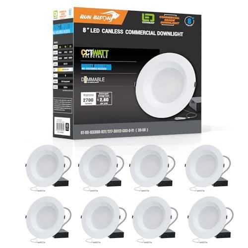 Run Bison 8 Inch Recessed LED Commercial Downlight with J-Box, Wattage Adjustable 16/21/27W,3 Color Selectable 3000K-5000K, 120-277V,0-10V Dimmable, IC Rated,Canless LED Downlight - 8 Pack