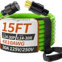 PlugSaf 15FT 30 Amp Generator Extension Cord 4 Prong, NEMA L14-30P/L14-30R 10 Gauge STW 125/250V Twist Lock Generator Cord Heavy Duty, Green ETL Listed