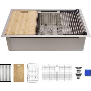 30 Inch Undermount Kitchen Sink Workstation, Delironexu 16 Gauge Stainless Steel Kitchen Sinks, 30''x18'' Single Bowl Undermount Sink with 6 Accessories, Multi-Functional Workstation Sinks