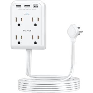 Paewok Surge Protector Power Strip with 3 USB Wall Plug(1 Type C), 4 AC Socket Wall Adapter, Electrical Outlet Extender Stick with 8 ft Thin Extension Cord, Home Office Dorm Room Essentials, White