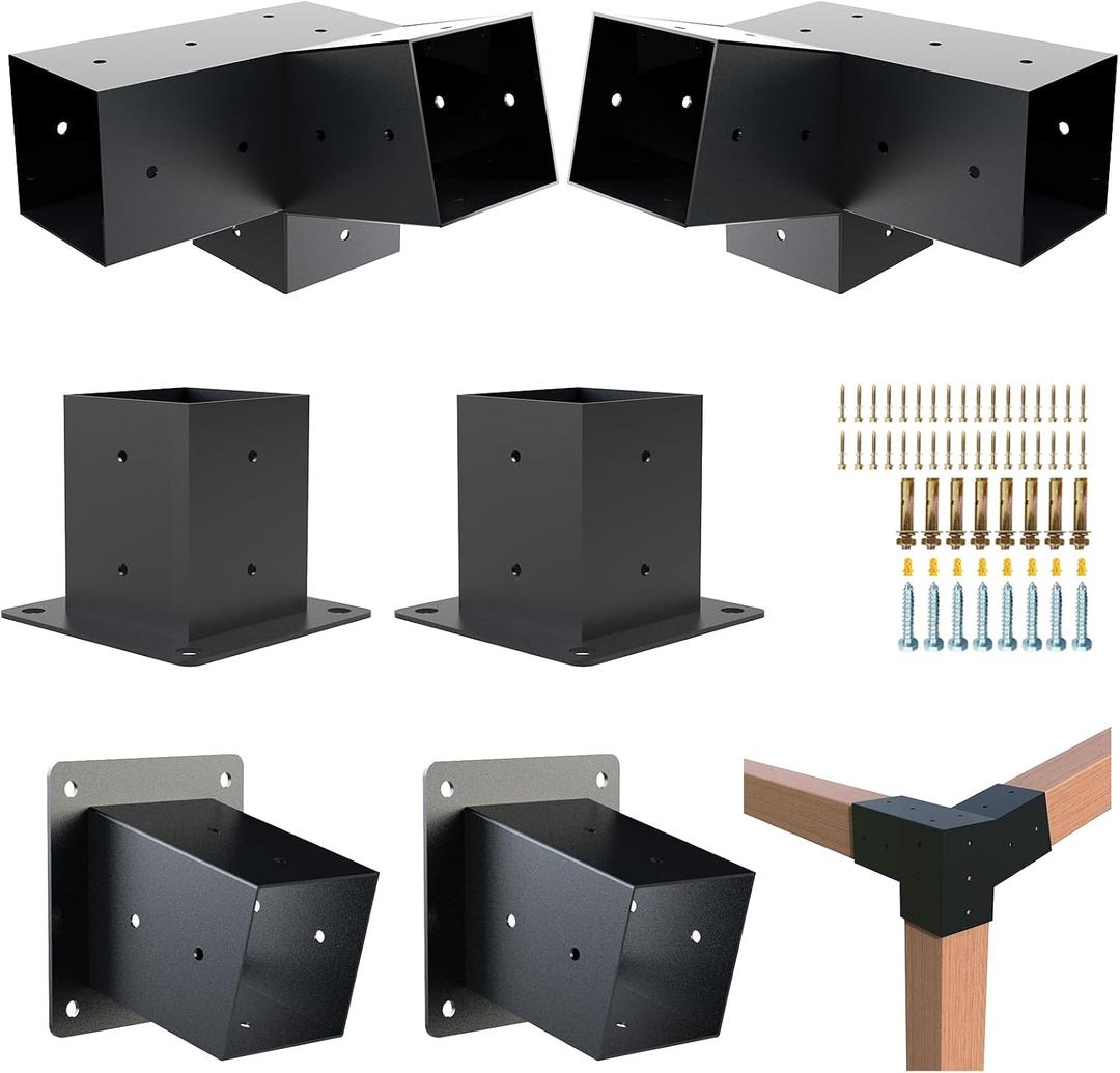 Pergola Kit, 15 3-Way Slanted Roof Pergola Bracket Set, Powder-Coated Roof Wall Mount Pergola Brackets 4"x 4"(Actual: 3.5x3.5 Inch), Pergola Hardware for Porch Gazebo Backyard (6 pcs), Black