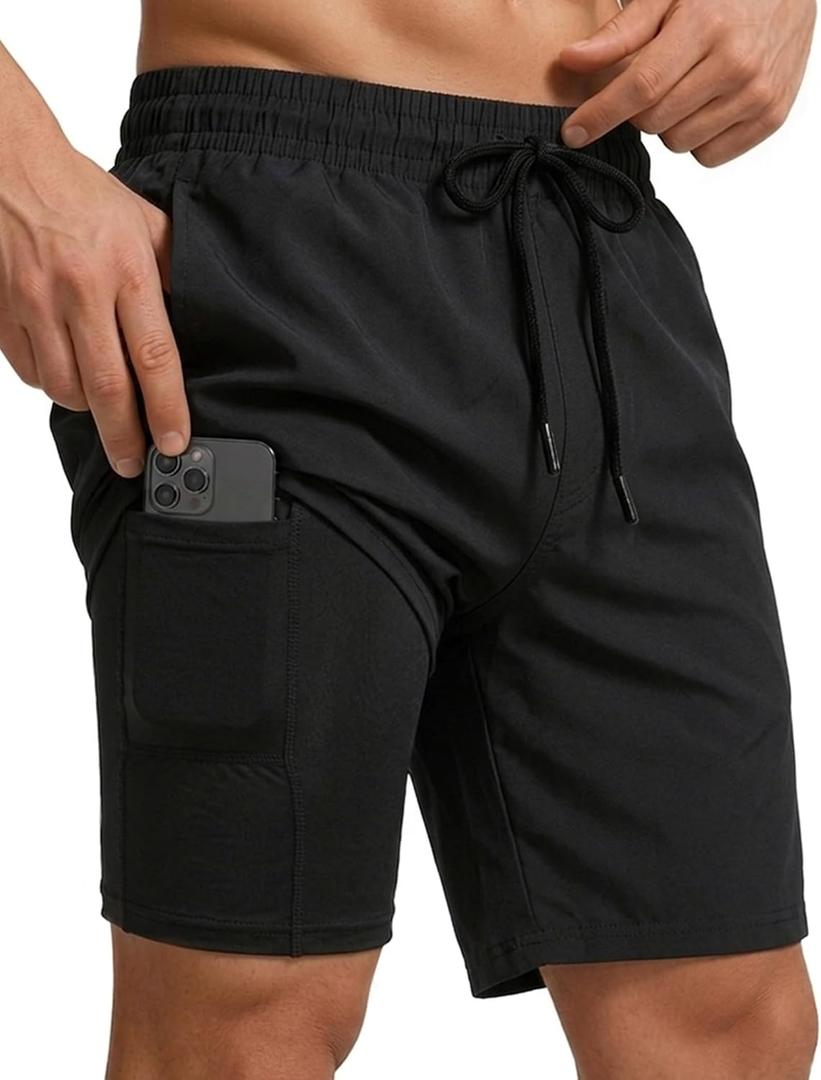 Buauty Mens Swim Trunks with Compression Liner 7 Inch Inseam Quick Dry Swim Shorts Mens Swimsuit Board Shorts with Pockets (Black, L)