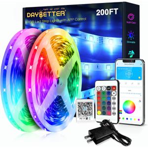 DAYBETTER LED Strip Lights 200ft (2 Rolls of 100ft), Color Changing Lights Strip for Bedroom, Desk, Indoor, Room Bedroom, Girl Boy Brithday Gifts RGB Decor with Remote and 24V Power Supply