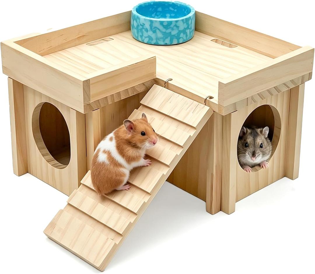 Wooden Hamster Hideout,Dwarf Hamster Hide House with Platform & Bowl & Ladder,Small Hamsters Maze Hut Hides Habitats Decor Cage Accessories for Gerbils,Mice,Mouse