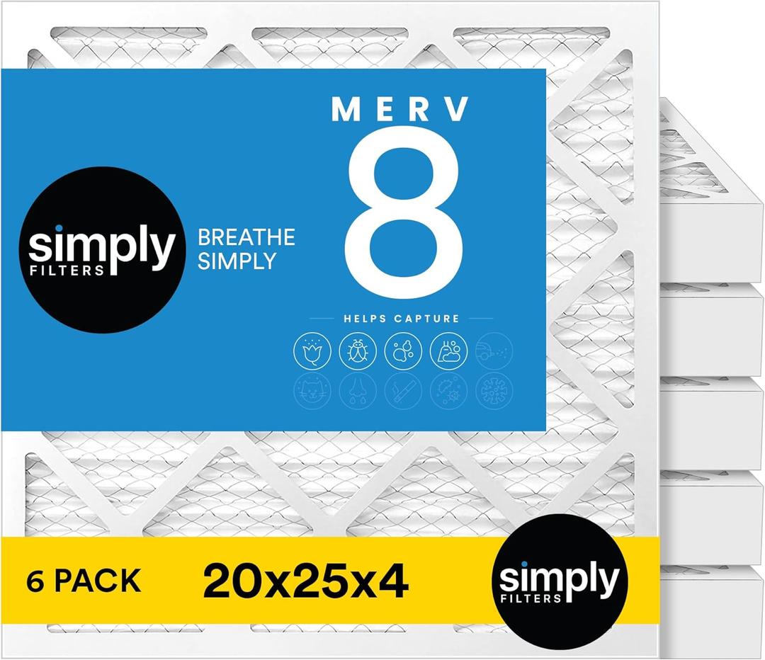 Simply 20x25x4 Air Filter, MERV 8, MPR 600, 6 Pack, Furnace Air Filter for HVAC (Actual Size:19.5"x24.5"x3.63") DUST, Pet, & Allergy Control