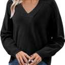 SHEWIN Womens Long Sleeve V Neck Sweaters Casual Loose Drop Shoulder Solid Knit Pullover Sweater Tops (Large, Black)