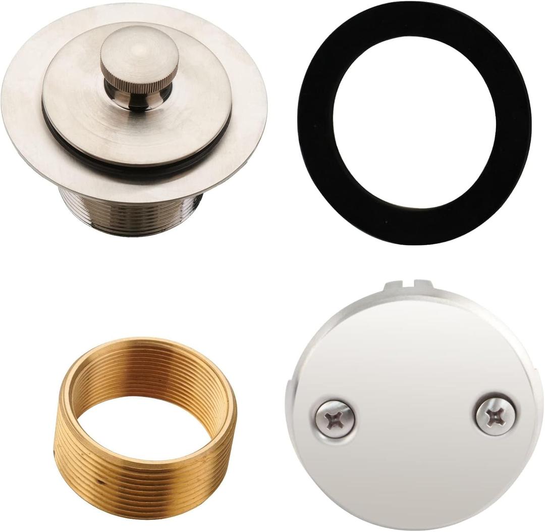 Brushed Nickel Tub Drain Lift &Turn Tub Trim Set with Two-Hole Overflow Faceplate Conversion Kit Assembly, Hidrop Bathtub Drain Replacement Trim Kit and Universal Fine/Coarse Thread
