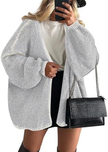 PRETTYGARDEN Womens Oversized Cardigan Sweaters 2025 Fall Long Lantern Sleeve Knit Open Front Lightweight Sweater Size M