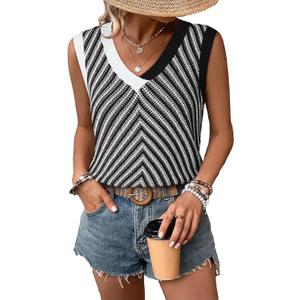 SHEWIN Tank Tops for Women 2025 Casual Sleeveless Shirts Knit Sweater Vest V Neck Summer Tops (Small, Black White)