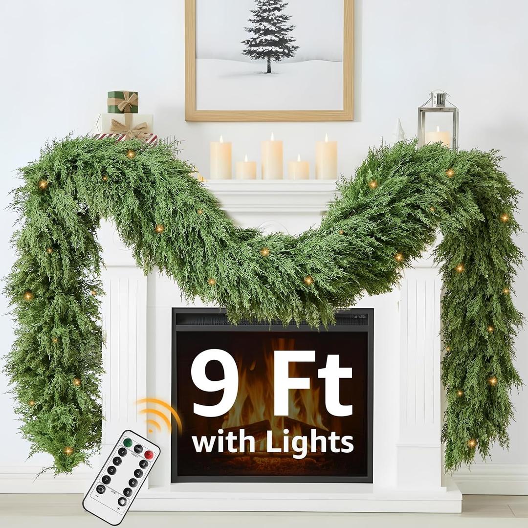 Cedar Christmas Garland with Lights for Mantle - Decorations 9 ft Realistic Lighted Faux Pine Garlands for Xmas Indoor Outdoor Prelit Decoration 9ft Garland for Door Stairs Railing Fireplace