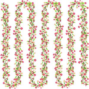 4 Pack Spring Flower Garland, 27.2 Ft Silky Artificial Pink Garland with Pink Daisy and Vine, Floral Garlands Decoration for Room Wall, Flower Themed Party, Wedding Supplies