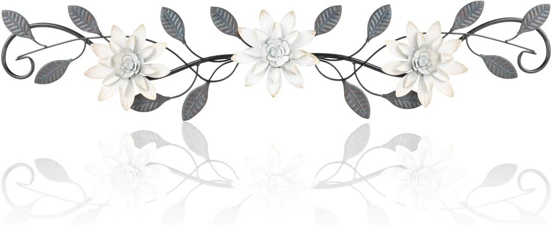KHJCXS Metal Wall Art Modern Minimalist Metal Flowers Indoor Decor Horizontal Wall Art Iron Artwork,for Over Door,Bedroom,Living Room,Kitchen,Office Scroll Decor (White)