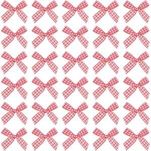 MECCANIXITY 50 Pcs Mini Gingham Ribbon Bows 1.8 Inch Checkered Plaid Bow Fabric Satin for Craft DIY Cake Sewing Wedding Birthday Party Wrapping Christmas Decoration, Red White