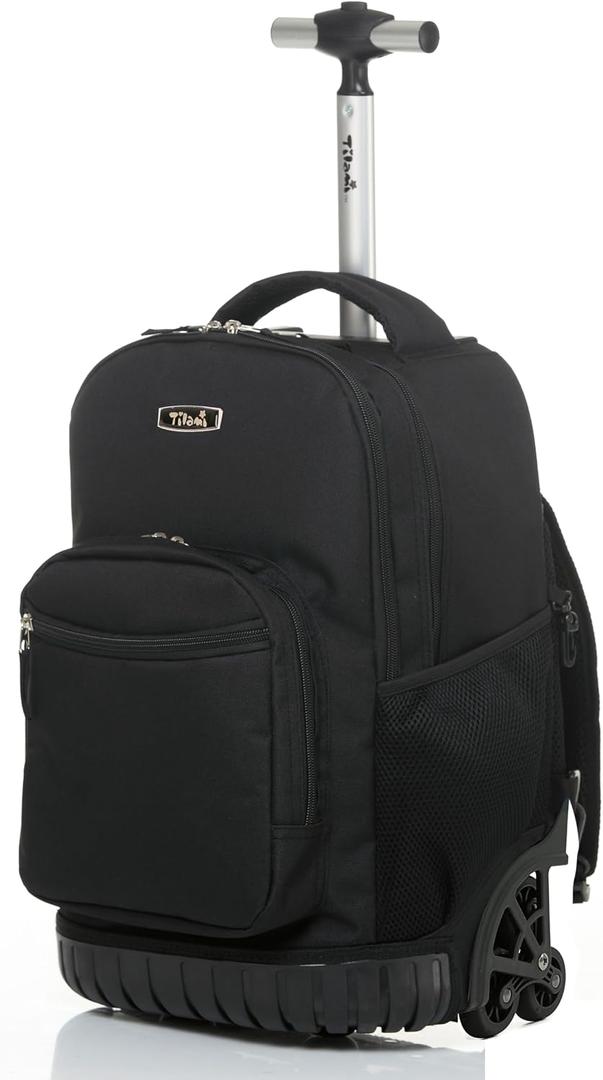 NEW TILAMI 18 Inch Rolling Backpack with Wheels for Girls Boys Kids Laptop Backpack School Travel, Pure Black