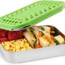 LunchBots Large Trio Stainless Steel Lunch Container -Three Section Design for Sandwich and Two Sides - Metal Bento Lunch Box - Eco-Friendly - Stainless Lid - Green Dots