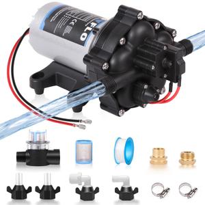 [Upgraded Version] 12V DC RV Fresh Water Pump, 7GPM 70PSI, Five Chamber Self-Priming Diaphragm Pump with Heavy Duty Pressure Switch & Strainer for RV, Marine, Yacht, Caravan, Camper (7GPM-70PSI-12V)