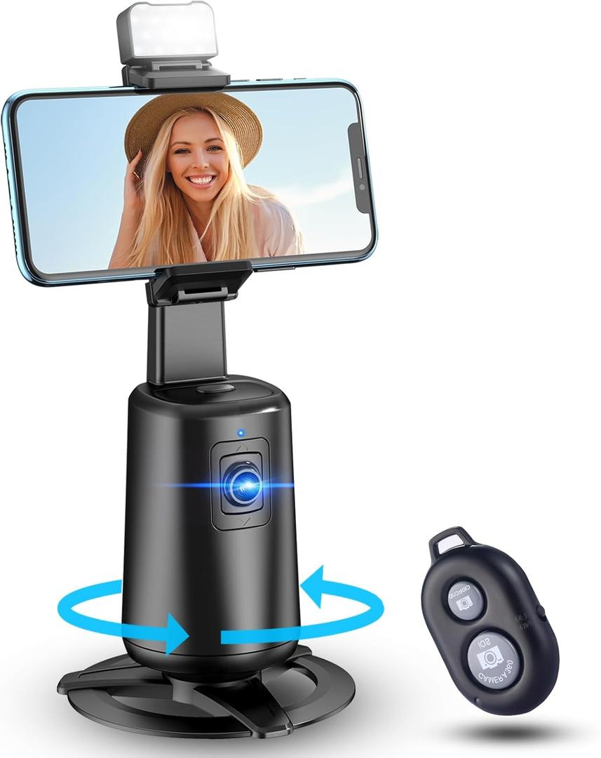 Auto Face Tracking Tripod 360 Rotating Cell Phone Photo and Video Kits Stand, No App, Camera Stand with Remote and Gesture Control, Rechargeable Smart Shooting Stand for Live Recording TiktokBlack