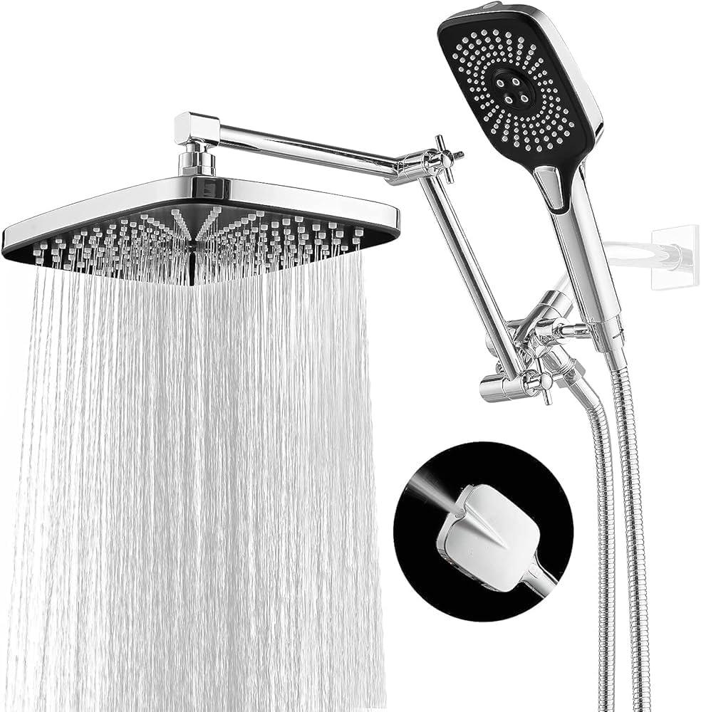 Shower Head with Handheld, 12 Inch Dual Shower Head with Extention Arm, High Pressure Rain Shower Heads, Rainfall Waterfall Showerhead with 3-Way Diverter - Height/Angle Adjustable(Chrome)