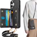 TUCCH Crossbody Wallet Case for iPhone 16 (6.1") 2024, RFID Blocking [6 Card Slots][Adjustable Detachable Lanyard], Magnetic Flip Wallet PU Leather Shockproof Phone Cover for iPhone 16, Textured Black