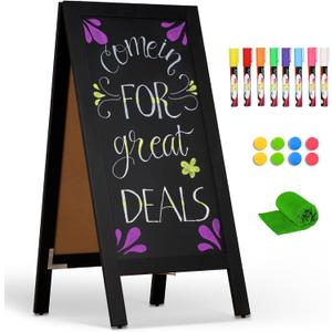 4 THOUGHT A-Frame Double-Sided Magnetic Chalkboard 40"x20", Solid Pine Wood Freestanding Sandwich Board for Restaurants, Cafes, Weddings (Black)