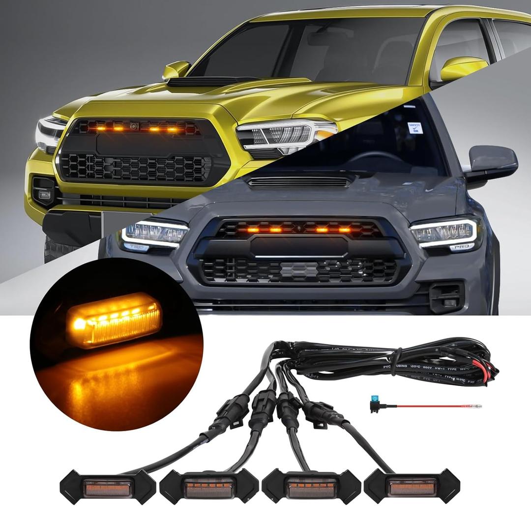 4 Pcs Grille Lights Compatible with Toyota Tacoma 2016-2023 TRD Pro, OEM Style LED Front Grille Lights for Tacoma Accessories with Fuse & Harness (Amber)