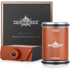 The Innovative Knife Sharpener - Patented Multi-Angle Premium Rolling Knife Sharpener with Extra Replacement Head for Chef's, Fruit, and All Steel Knives (Brown)