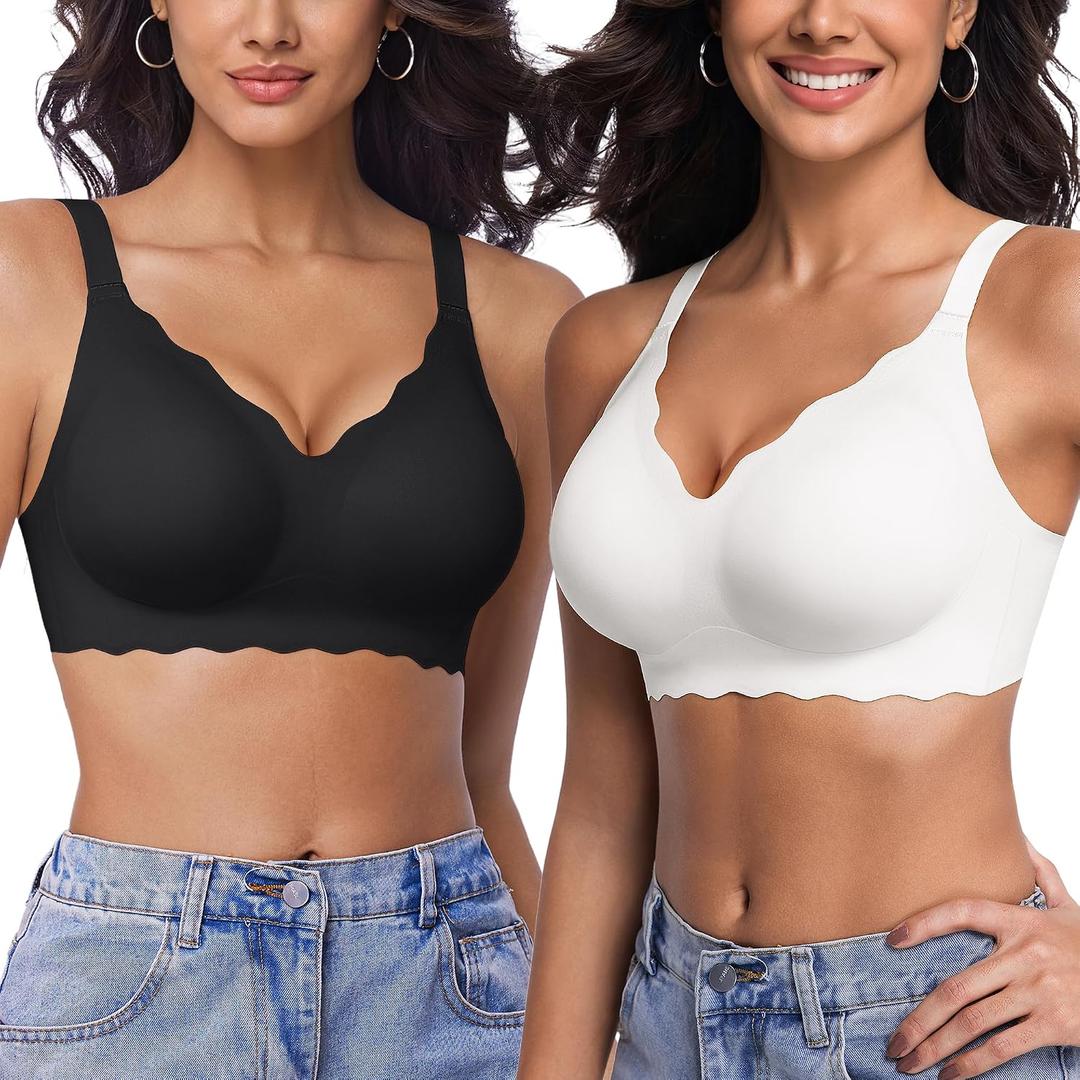 2 Pack Wireless Jelly Bras for Women Seamless Support (Black, Large)