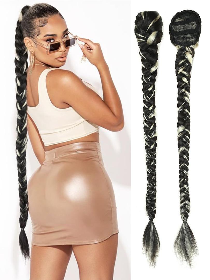 WIGER 34 Inch Braided Ponytail for Black Women Long Drawstring DIY Ponytails Black And White Yaki Straight Clip-In Hair Extension Fake Hairpieces for Daily or Costume