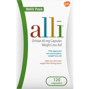 alli Weight Loss Diet Pills, Orlistat 60 mg Capsules, Non Prescription Weight Loss Aid, 120 Count Refill Pack