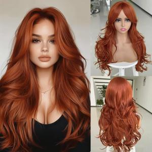 Auburn Wig with Bangs for Women Copper Red Wavy Layered Wig with Curtain Bangs for White Black Women Synthetic Long Reddish Brown Layered Body Wavy Wigs Heat Resistant Hair Wig for Daily Use Party (24 Inch)