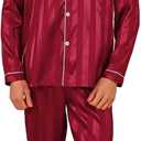 ShuiGod-Mens Silky Satin Pajamas Set Long Sleeve Top and Long pants Nightwear Button-Down Pj Sets Sleepwear (4X-Large, Stripe Red)
