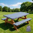 Picnic Table Cover with Bench Covers and Bag,Camping Essentials Waterproof Fitted Camping Tablecloth with Elastic Edges Windproof for 6ft Rectangle Tables and Seats,72in Navy Check