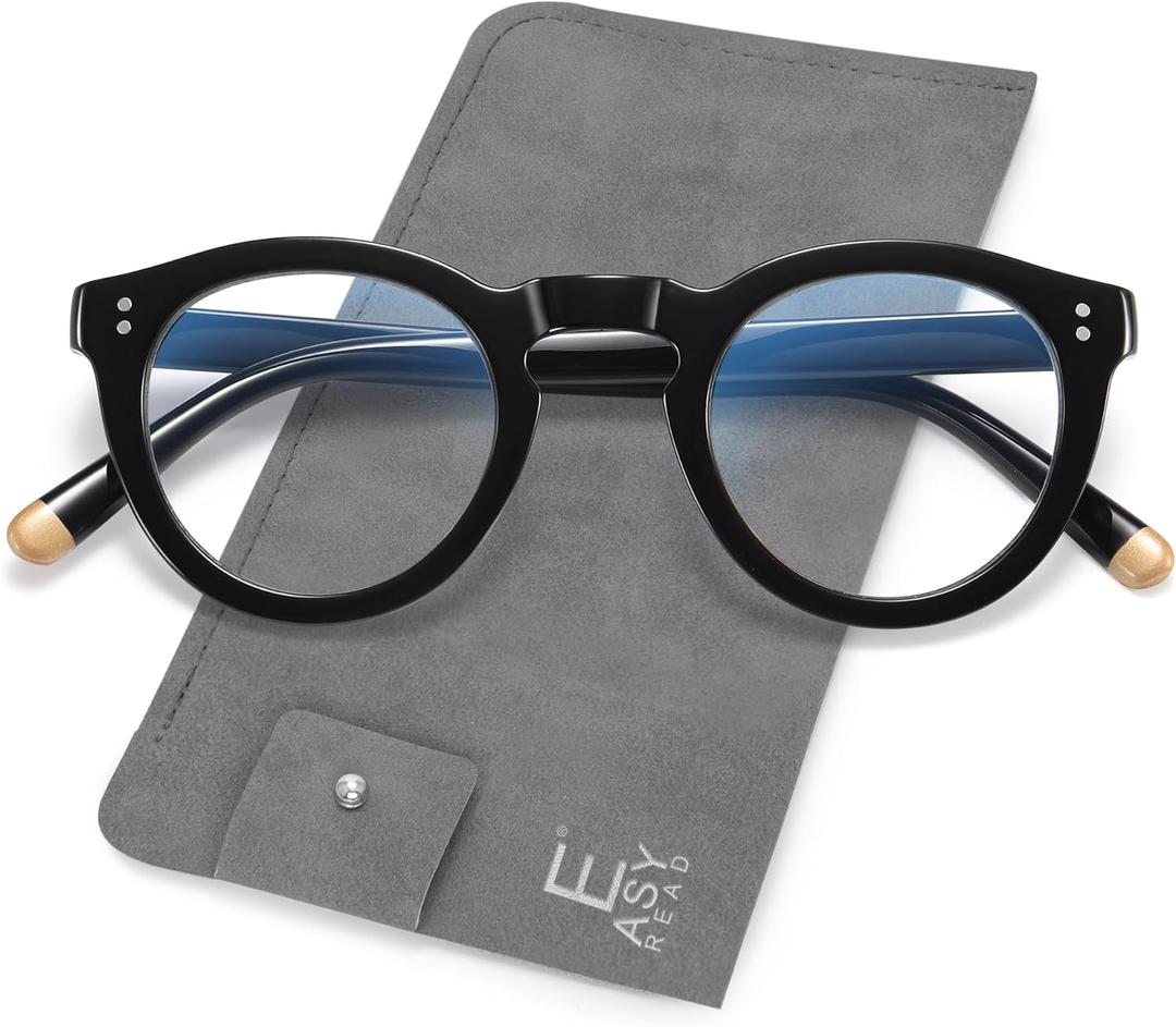 EASY READ Retro Round Blue Light Blocking Reading Glasses for Women,Anti UV Readers for Women with Spring Hinge (Black)
