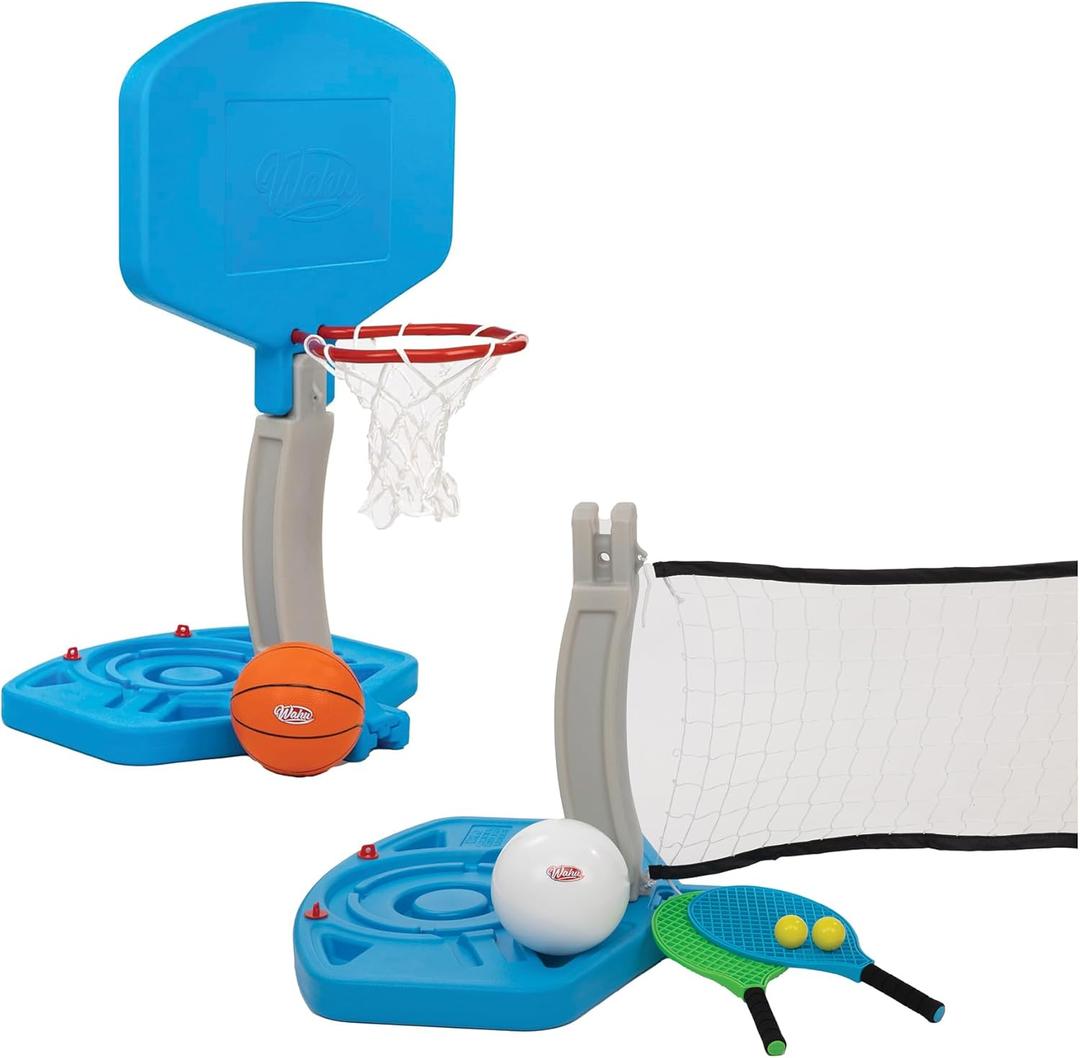 Wahu 3-in-1 Pool Sports Game Pack with Basketball and Hoop, Volleyball and Net, and Paddles and Paddle Balls, Pool Volleyball, Basketball, and Paddle Ball Set