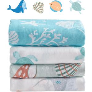 4-Pack Baby Muslin Swaddle Blankets, 47 x 47 Inches Soft Breathable Swaddle Blanket, Lightweight Receiving Blanket for Newborns and Infants, Ocean Friends