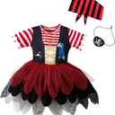MOMMY'S NEW MAN Toddler Baby Girl Pirate Costume Halloween Sea Buccaneer Tutu Dress And Head Scarf With Pirate eye mask (Red), 9-12 months