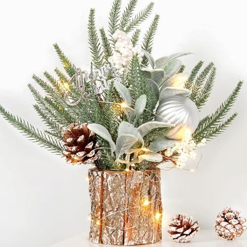 Small Table Top Christmas Tree with Lights, Mini Christmas Tree Decorations with Merry Christmas Pumpkin Pine Cones Norfolk Pine Stems Ornaments for Home Party Office Indoor Decorations 12Inch, Brown