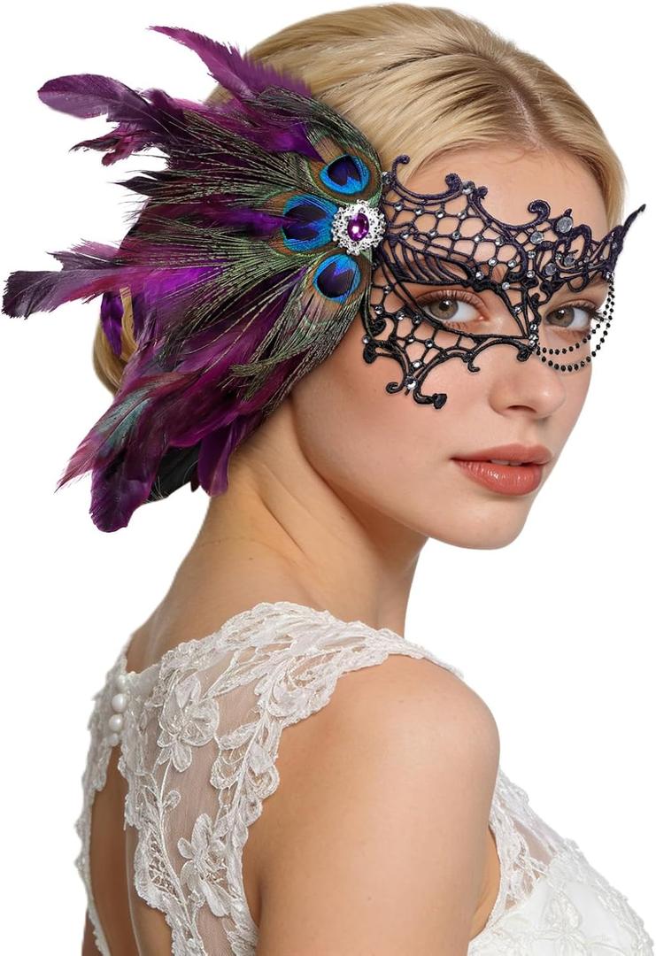 BEARAE Masquerade Mask for Women, Feather Lace Mardi Gras Mask, Peacock Venetian Costume Masks for Womens Masquerade Party (Purple)