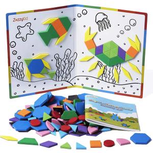 ZazzyKid Kids Magnetic Pattern Blocks Set: 216 PCS Geometric Shape Puzzles Tangram - STEM