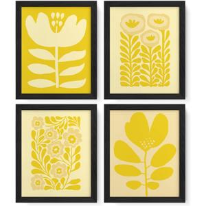 JXREQ Yellow Boho Abstract Neutral Floral Posters Wall Art Prints Set of 4, Mid Century Modern Abstract Black and Beige Matisse Floral Wall Decor for Home Bedroom Living Room, 8x12 Inch Unframed