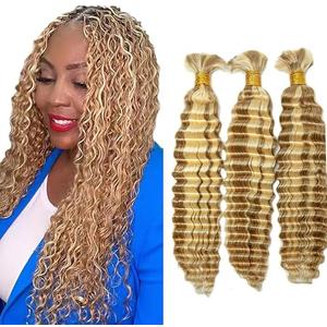 P27/613 Highlight Blonde Human Braiding Hair for Boho Braids 14 14 14 Inch Vingin Honey Blonde Deep Curly Bulk Hair Human Hair Extensions for Braids 150g 3 Bundles