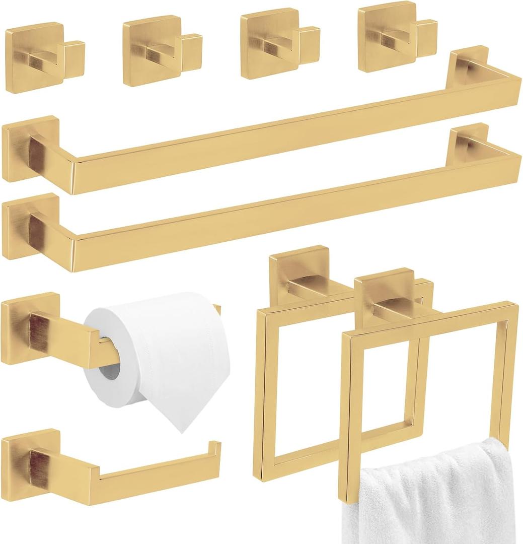 10 Pcs Brushed Gold Bathroom Hardware Accessories Set, 23.6 Inch Bath Towel Bar Kit with Towel Racks Ring and Hooks Paper Holder, 304 Stainless Steel Bathroom Hardware Set for Wall Mounted