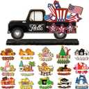 34 Pcs Small Interchangeable Patriotic Truck Decor 4th of July Table Centerpiece Holiday Seasonal Sign Farmhouse Wood Home Office Desk Accessories Memorial Day Tiered Tray Decorations Gift