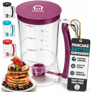KPKitchen Pancake Batter Dispenser - Kitchen Must Have Tool for Perfect Pancakes, Cupcake, Waffle, Muffin Mix, Cake & Crepe - Baking Supplies for Griddle - Pancake Maker with Measuring Label (Purple)