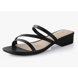 Ankis Black Nude White Strappy Heels Women 1 Inch Low Chunky Block Heel Heeled Sandals Square Open Toe Slip On Slides Mules Black, 7B
