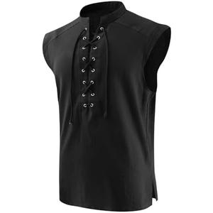 SYQBR Mens Medieval Pirate Lace-up Sleeveless Shirt, Renaissance Viking Stand Collar Top, Steampunk Gothic Costume Tunic L
