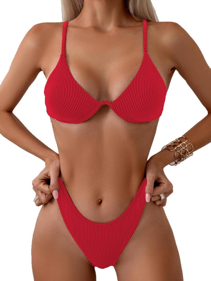 Fanuerg Women Underwire Triangle Bikini Spaghetti Strap Push Up Swimsuit Cheeky Two Piece Bathing Suit (X-Small, Red)